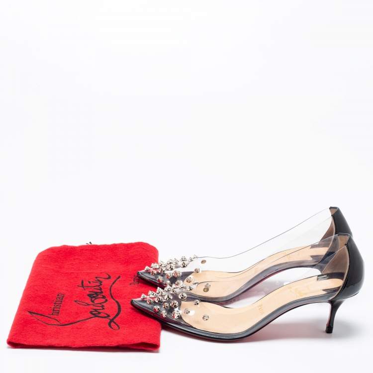 Pre Owned Christian Louboutin Black Patent Leather And PVC Collaclou Spike Pointed Toe Pumps Size 38