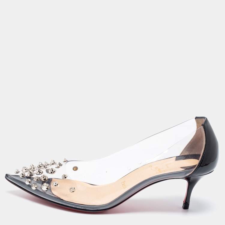 Pre Owned Christian Louboutin Black Patent Leather And PVC Collaclou Spike Pointed Toe Pumps Size 38
