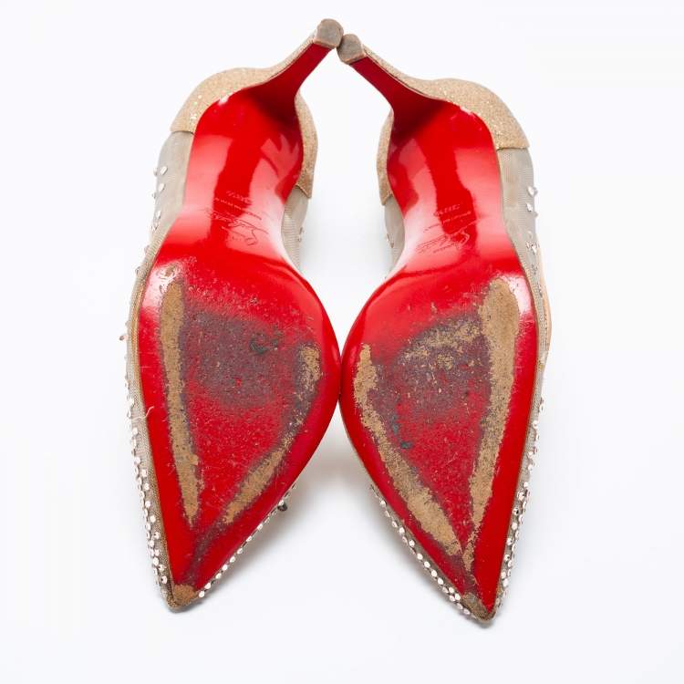Pre Owned Christian Louboutin Metallic Gold Mesh And Glitter Follies Strass Pointed Toe Pumps Size 38.5