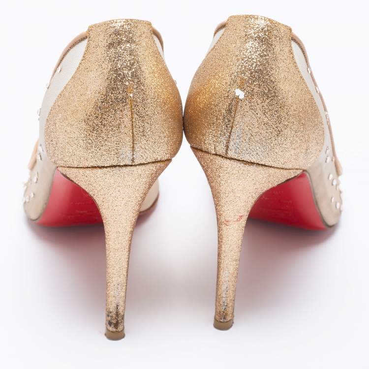 Pre Owned Christian Louboutin Metallic Gold Mesh And Glitter Follies Strass Pointed Toe Pumps Size 38.5