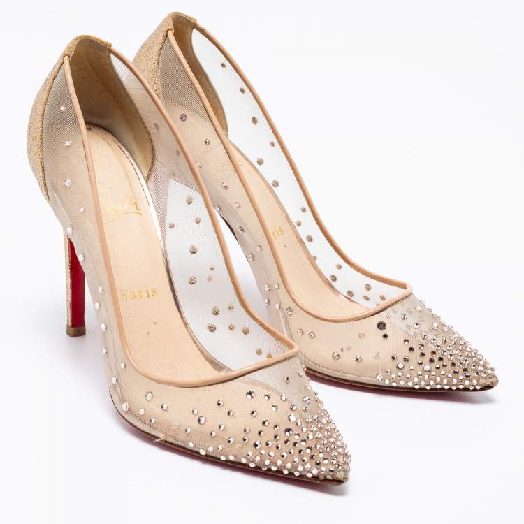 Pre Owned Christian Louboutin Metallic Gold Mesh And Glitter Follies Strass Pointed Toe Pumps Size 38.5