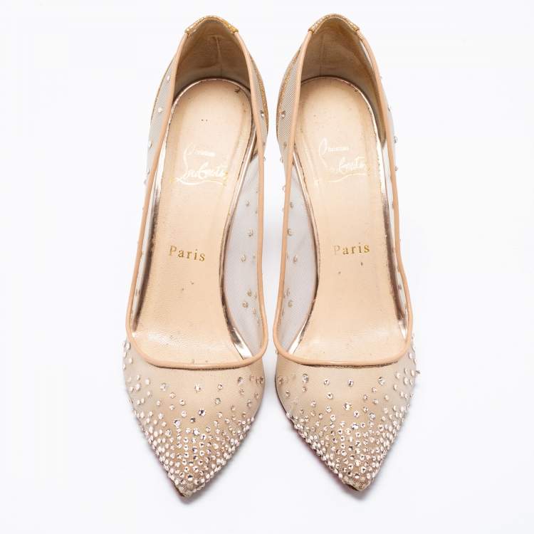 Pre Owned Christian Louboutin Metallic Gold Mesh And Glitter Follies Strass Pointed Toe Pumps Size 38.5