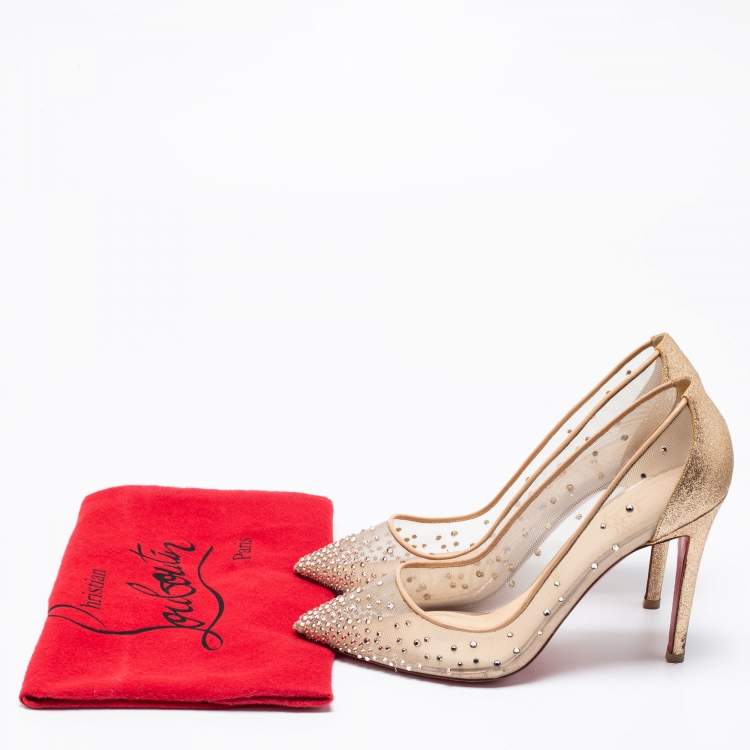 Pre Owned Christian Louboutin Metallic Gold Mesh And Glitter Follies Strass Pointed Toe Pumps Size 38.5