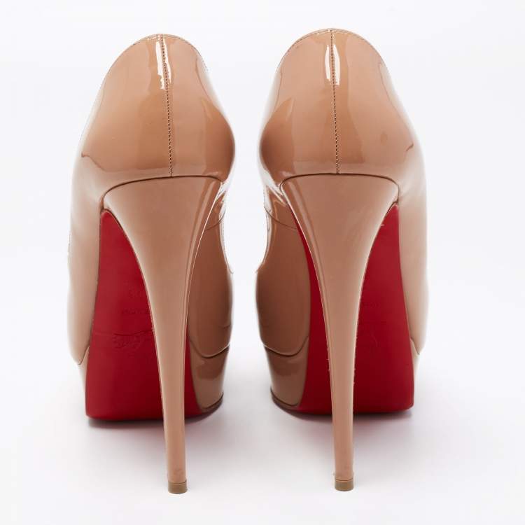 Pre Owned Christian Louboutin Beige Patent Leather Lady Peep Toe Platform Pumps Size 39.5 