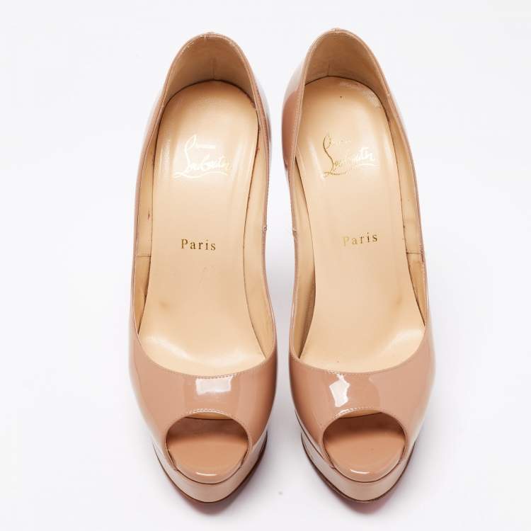 Pre Owned Christian Louboutin Beige Patent Leather Lady Peep Toe Platform Pumps Size 39.5 
