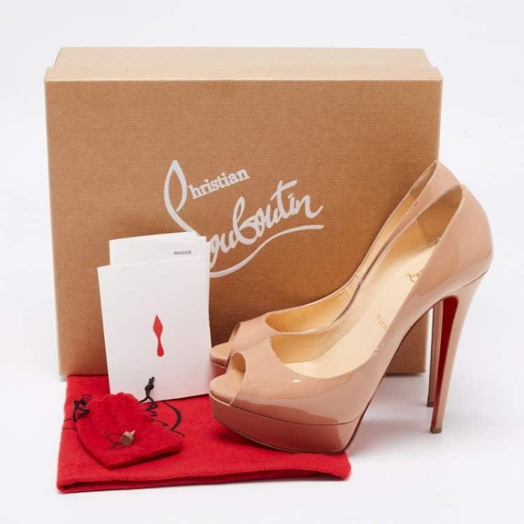 Pre Owned Christian Louboutin Beige Patent Leather Lady Peep Toe Platform Pumps Size 39.5 
