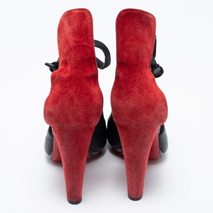 Pre Owned Christian Louboutin Black/Red Suede And Leather Barabara Cutout Ankle Boots Size 40
