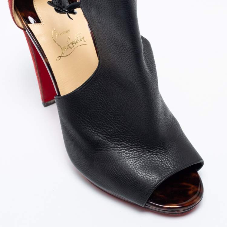 Pre Owned Christian Louboutin Black/Red Suede And Leather Barabara Cutout Ankle Boots Size 40