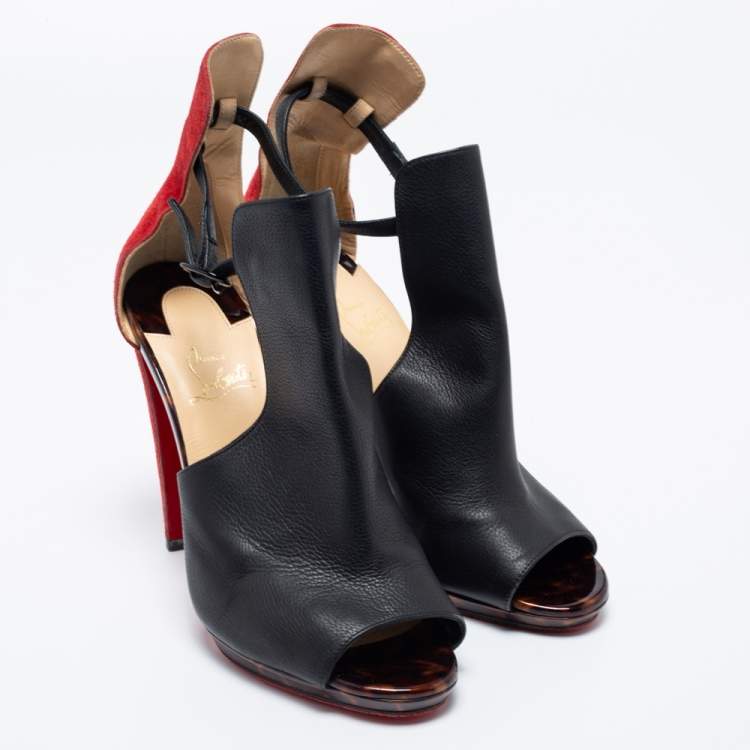 Pre Owned Christian Louboutin Black/Red Suede And Leather Barabara Cutout Ankle Boots Size 40
