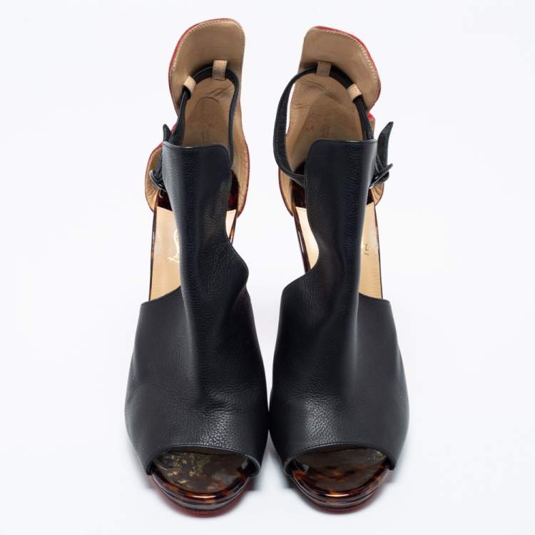 Pre Owned Christian Louboutin Black/Red Suede And Leather Barabara Cutout Ankle Boots Size 40