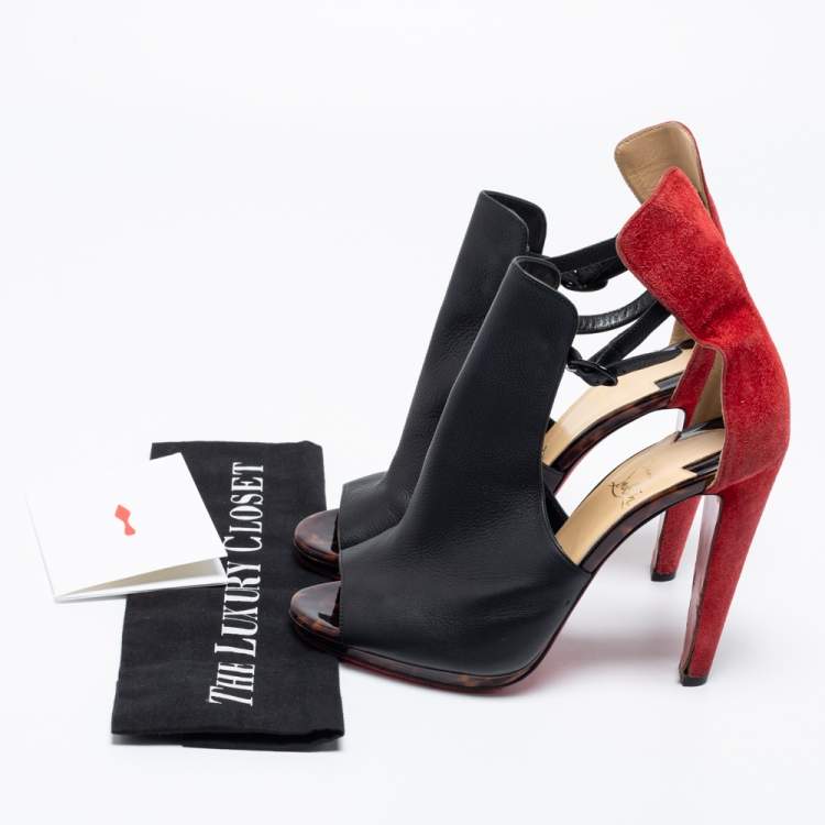 Pre Owned Christian Louboutin Black/Red Suede And Leather Barabara Cutout Ankle Boots Size 40