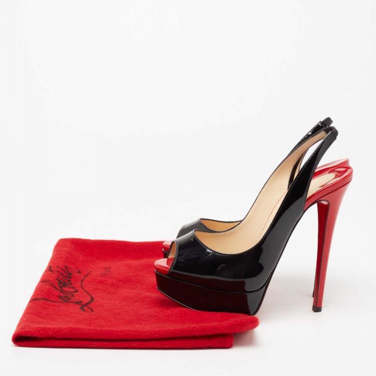 Pre Owned Christian Louboutin Black Patent Leather Lady Peep-Toe Slingback Sandals Size 35