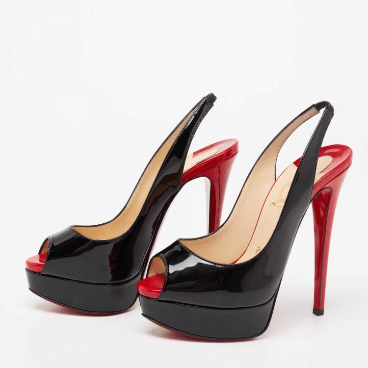 Pre Owned Christian Louboutin Black Patent Leather Lady Peep-Toe Slingback Sandals Size 35