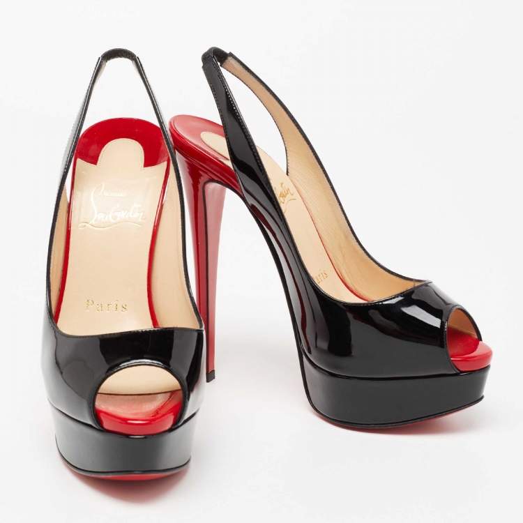 Pre Owned Christian Louboutin Black Patent Leather Lady Peep-Toe Slingback Sandals Size 35