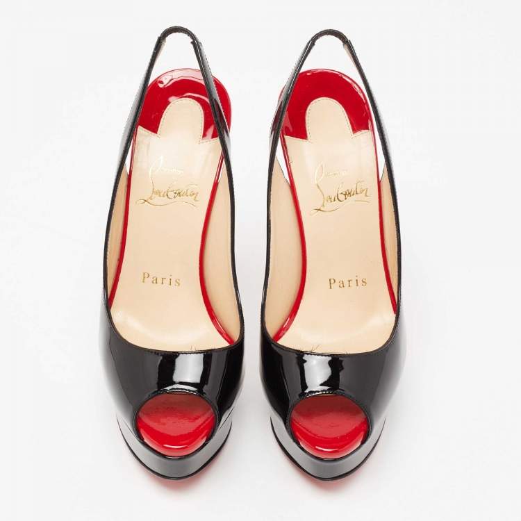 Pre Owned Christian Louboutin Black Patent Leather Lady Peep-Toe Slingback Sandals Size 35