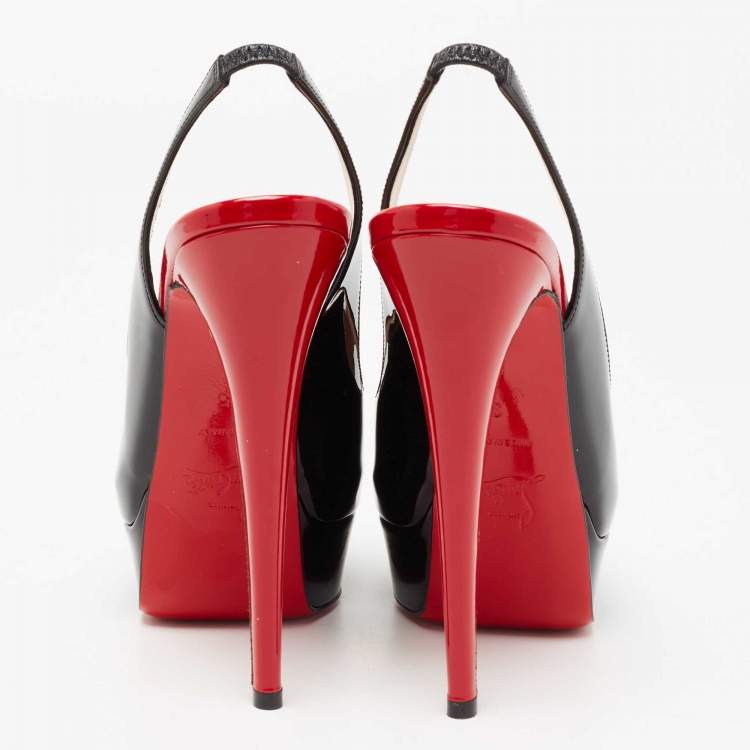 Pre Owned Christian Louboutin Black Patent Leather Lady Peep-Toe Slingback Sandals Size 35