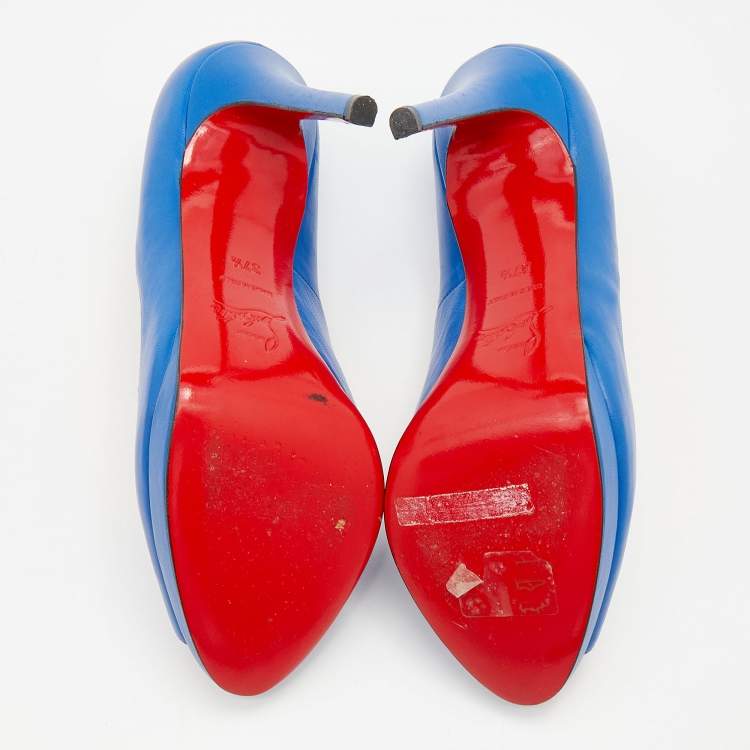 Pre Owned Christian Louboutin Blue Leather Peep Toe Pumps Size 37.5
