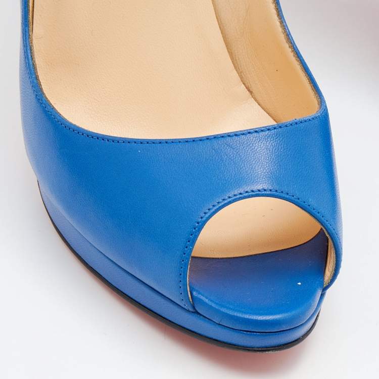 Pre Owned Christian Louboutin Blue Leather Peep Toe Pumps Size 37.5