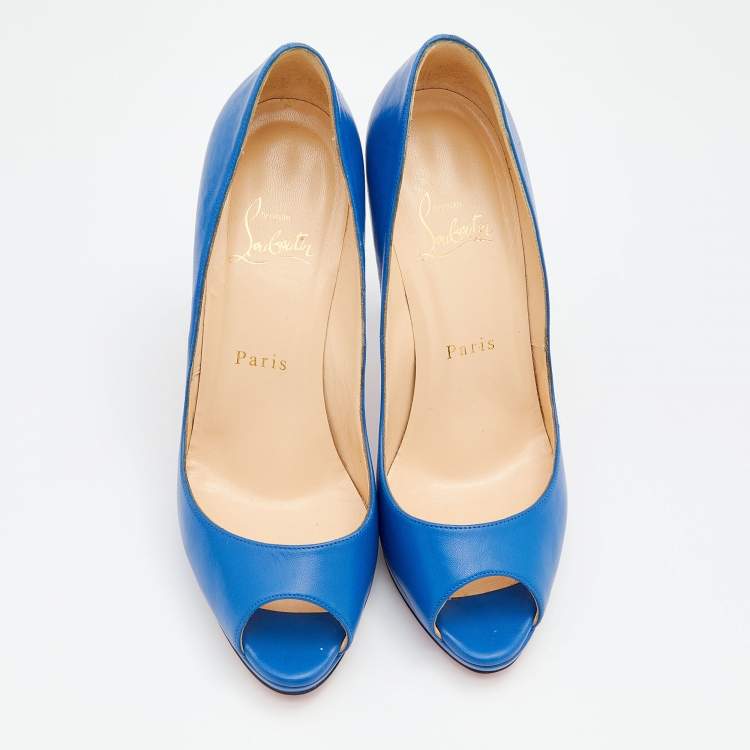 Pre Owned Christian Louboutin Blue Leather Peep Toe Pumps Size 37.5