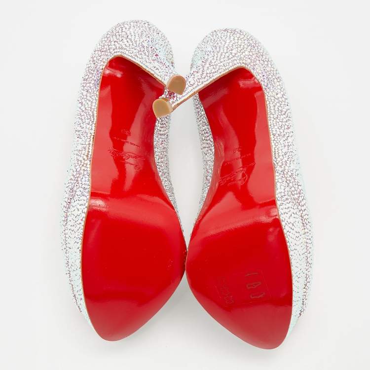 Pre Owned Christian Louboutin Mutlticolor Crystal Embellished Leather Lady Peep Toe Aurora Boreale Platform Pumps Size 38