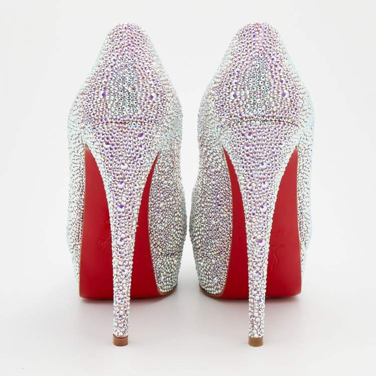 Pre Owned Christian Louboutin Mutlticolor Crystal Embellished Leather Lady Peep Toe Aurora Boreale Platform Pumps Size 38