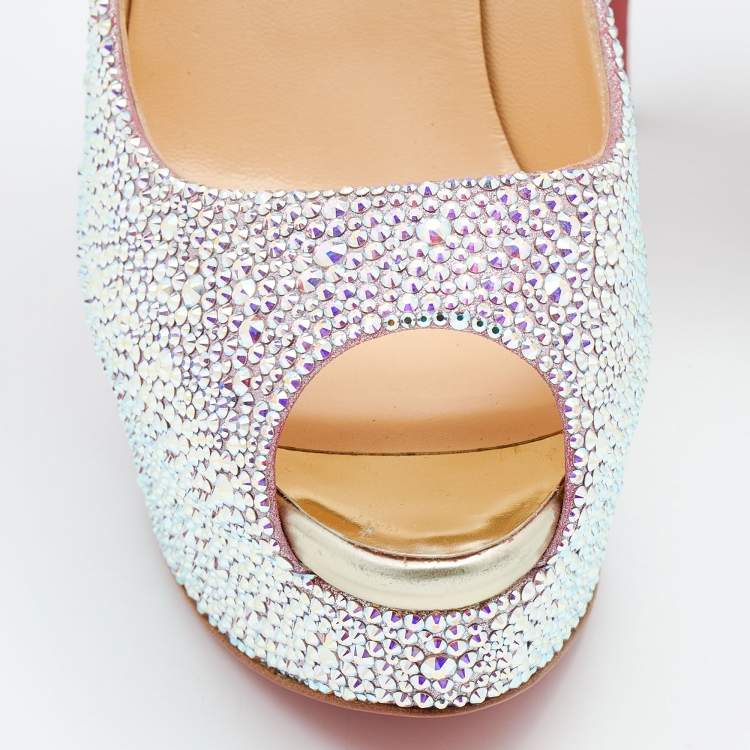 Pre Owned Christian Louboutin Mutlticolor Crystal Embellished Leather Lady Peep Toe Aurora Boreale Platform Pumps Size 38
