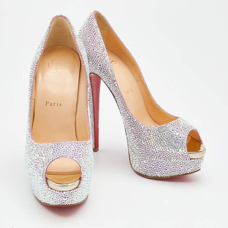 Pre Owned Christian Louboutin Mutlticolor Crystal Embellished Leather Lady Peep Toe Aurora Boreale Platform Pumps Size 38