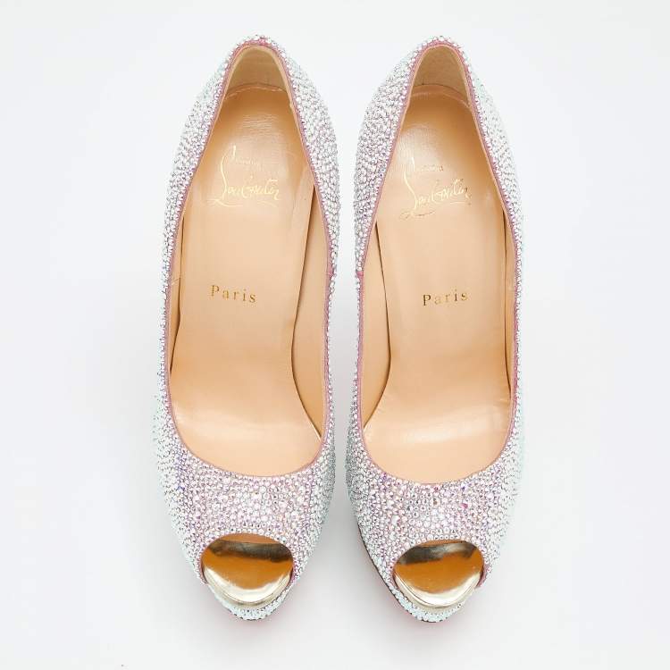 Pre Owned Christian Louboutin Mutlticolor Crystal Embellished Leather Lady Peep Toe Aurora Boreale Platform Pumps Size 38