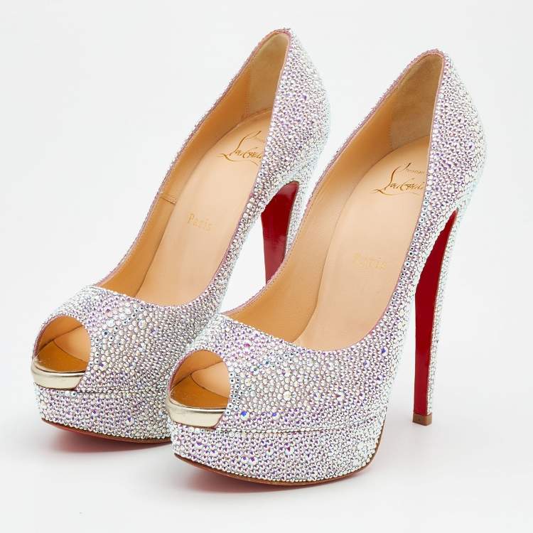 Pre Owned Christian Louboutin Mutlticolor Crystal Embellished Leather Lady Peep Toe Aurora Boreale Platform Pumps Size 38