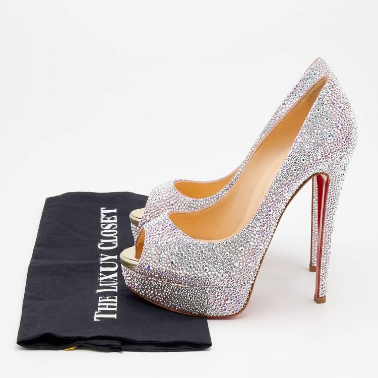 Pre Owned Christian Louboutin Mutlticolor Crystal Embellished Leather Lady Peep Toe Aurora Boreale Platform Pumps Size 38