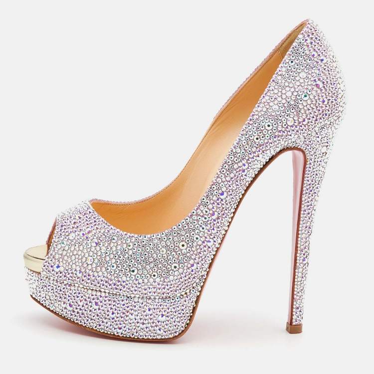 Pre Owned Christian Louboutin Mutlticolor Crystal Embellished Leather Lady Peep Toe Aurora Boreale Platform Pumps Size 38