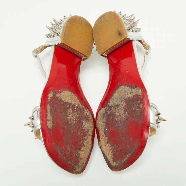 Pre Owned Christian Louboutin Silver Leather Studded Druide Ankle-Strap Sandals Size 35.5