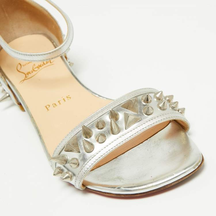 Pre Owned Christian Louboutin Silver Leather Studded Druide Ankle-Strap Sandals Size 35.5