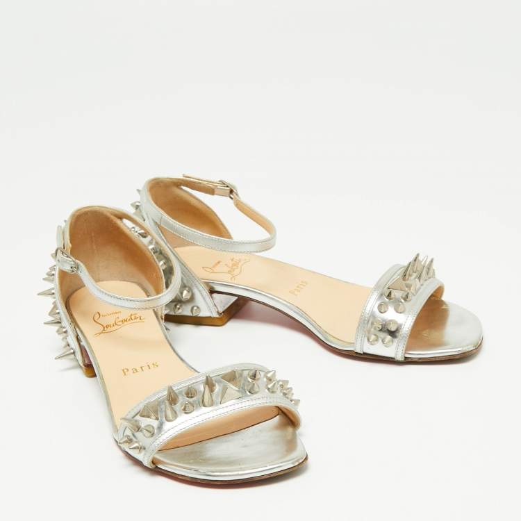 Pre Owned Christian Louboutin Silver Leather Studded Druide Ankle-Strap Sandals Size 35.5