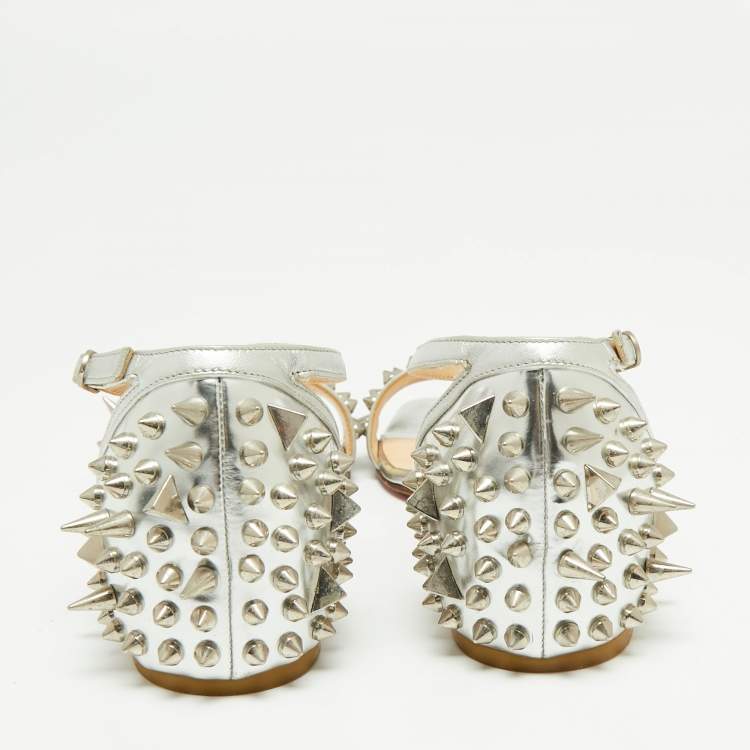 Pre Owned Christian Louboutin Silver Leather Studded Druide Ankle-Strap Sandals Size 35.5