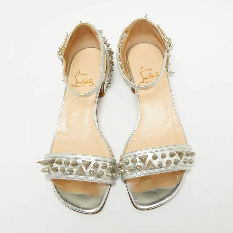 Pre Owned Christian Louboutin Silver Leather Studded Druide Ankle-Strap Sandals Size 35.5