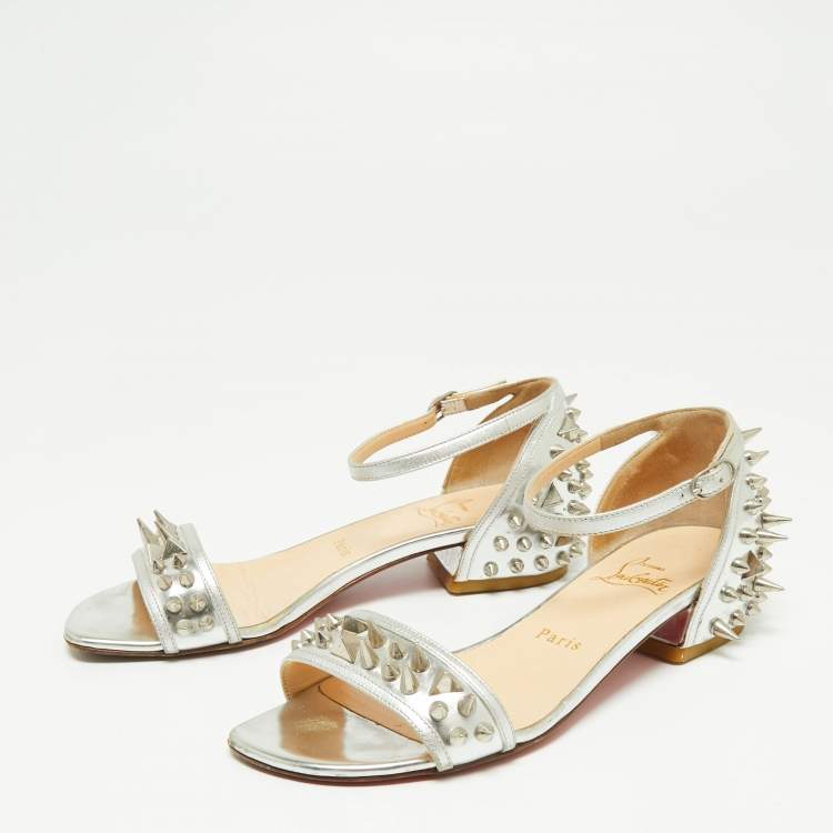 Pre Owned Christian Louboutin Silver Leather Studded Druide Ankle-Strap Sandals Size 35.5