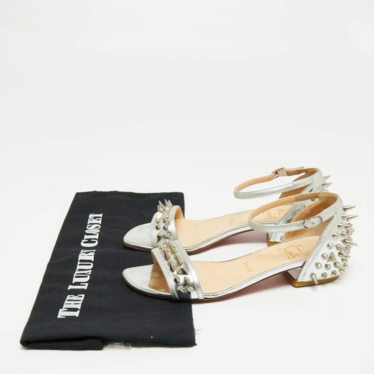 Pre Owned Christian Louboutin Silver Leather Studded Druide Ankle-Strap Sandals Size 35.5