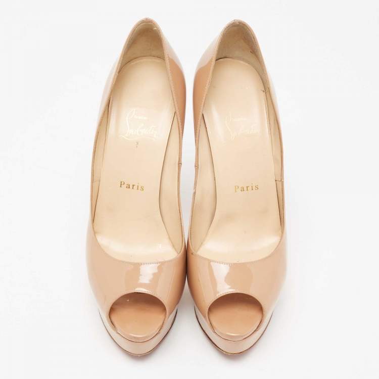 Pre Owned Christian Louboutin Beige Patent Leather Lady Peep Toe Platform Pumps Size 39.5