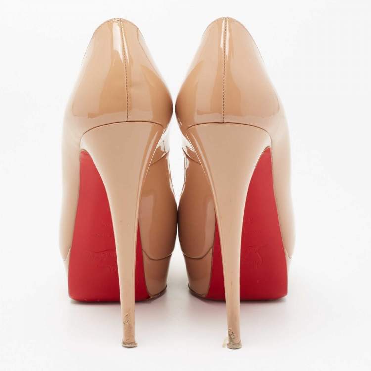 Pre Owned Christian Louboutin Beige Patent Leather Lady Peep Toe Platform Pumps Size 39.5