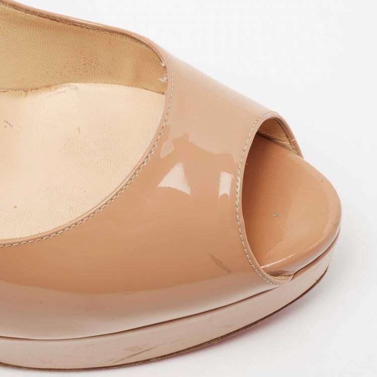 Pre Owned Christian Louboutin Beige Patent Leather Lady Peep Toe Platform Pumps Size 39.5
