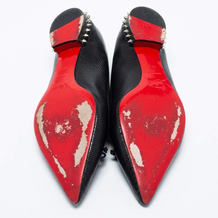 Pre Owned Christian Louboutin Black Leather Zarli Hall Spike Pointed Toe Ballet Flats Size 39.5