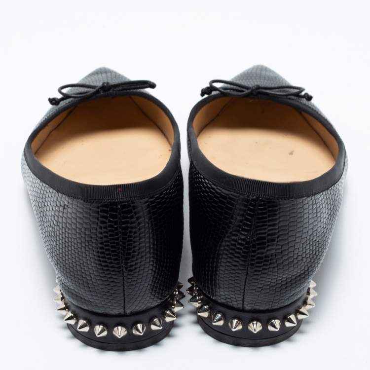 Pre Owned Christian Louboutin Black Leather Zarli Hall Spike Pointed Toe Ballet Flats Size 39.5