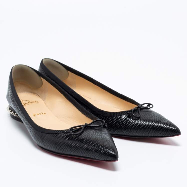Pre Owned Christian Louboutin Black Leather Zarli Hall Spike Pointed Toe Ballet Flats Size 39.5