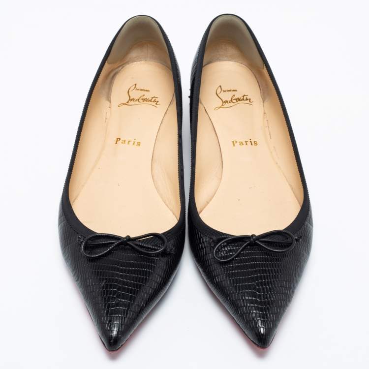 Pre Owned Christian Louboutin Black Leather Zarli Hall Spike Pointed Toe Ballet Flats Size 39.5