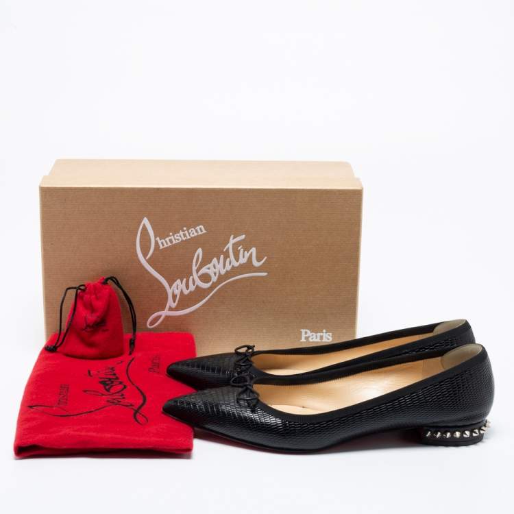 Pre Owned Christian Louboutin Black Leather Zarli Hall Spike Pointed Toe Ballet Flats Size 39.5