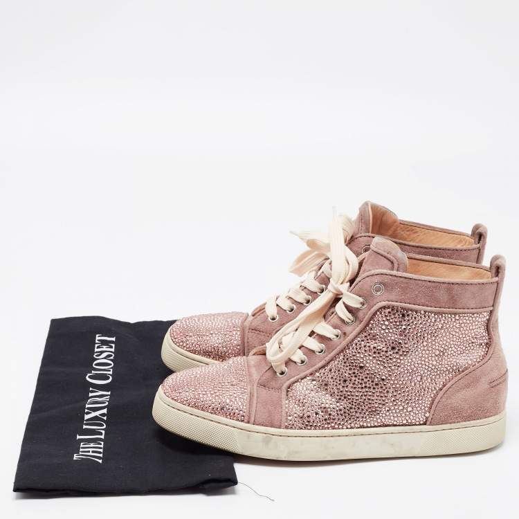 Pre Owned Christian Louboutin Pink Suede Louis Flat Strass High-Top Sneakers  Size 40