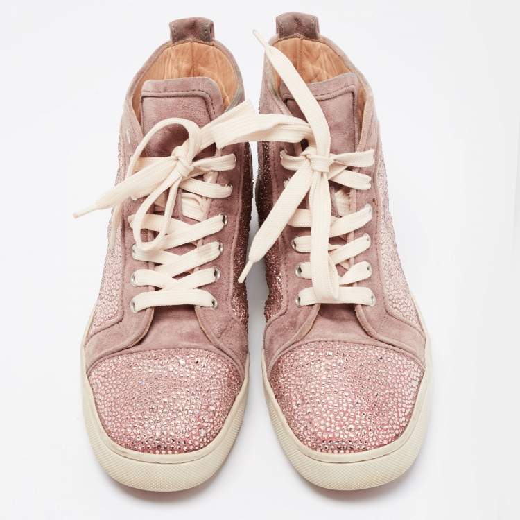Pre Owned Christian Louboutin Pink Suede Louis Flat Strass High-Top Sneakers  Size 40