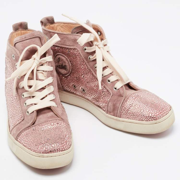 Pre Owned Christian Louboutin Pink Suede Louis Flat Strass High-Top Sneakers  Size 40