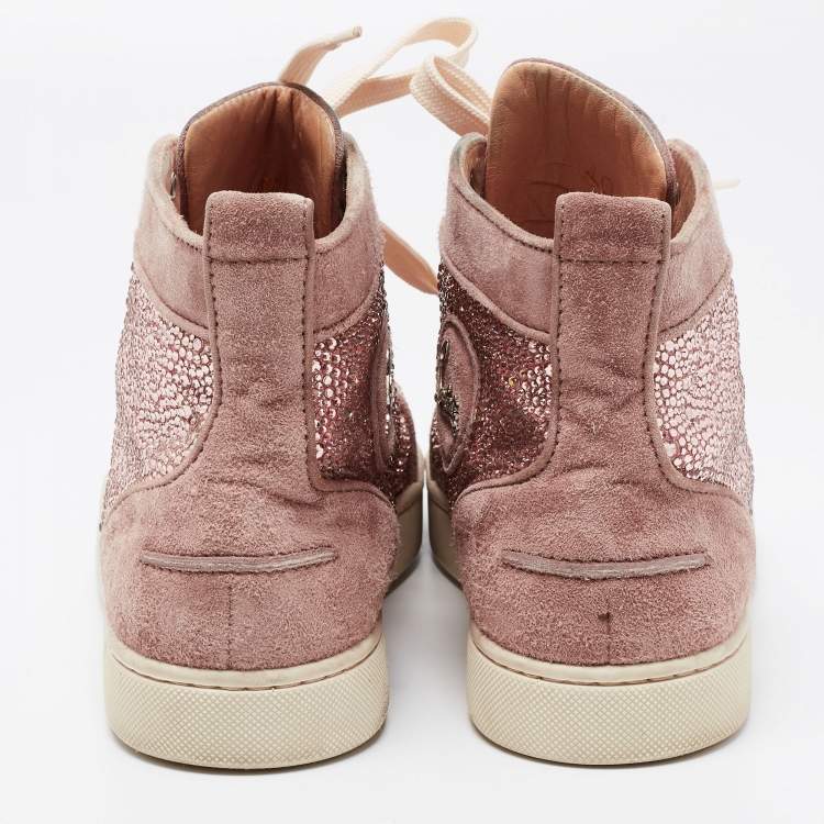 Pre Owned Christian Louboutin Pink Suede Louis Flat Strass High-Top Sneakers  Size 40